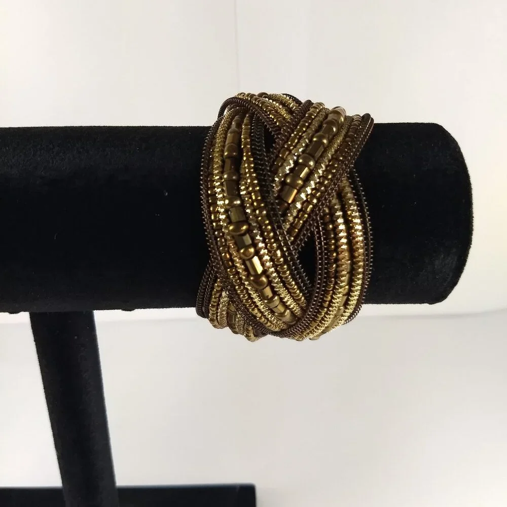 Bala Booste Woven Seed Bead Cuff Bracelet Statement Modern Beaded Gold & Brown
